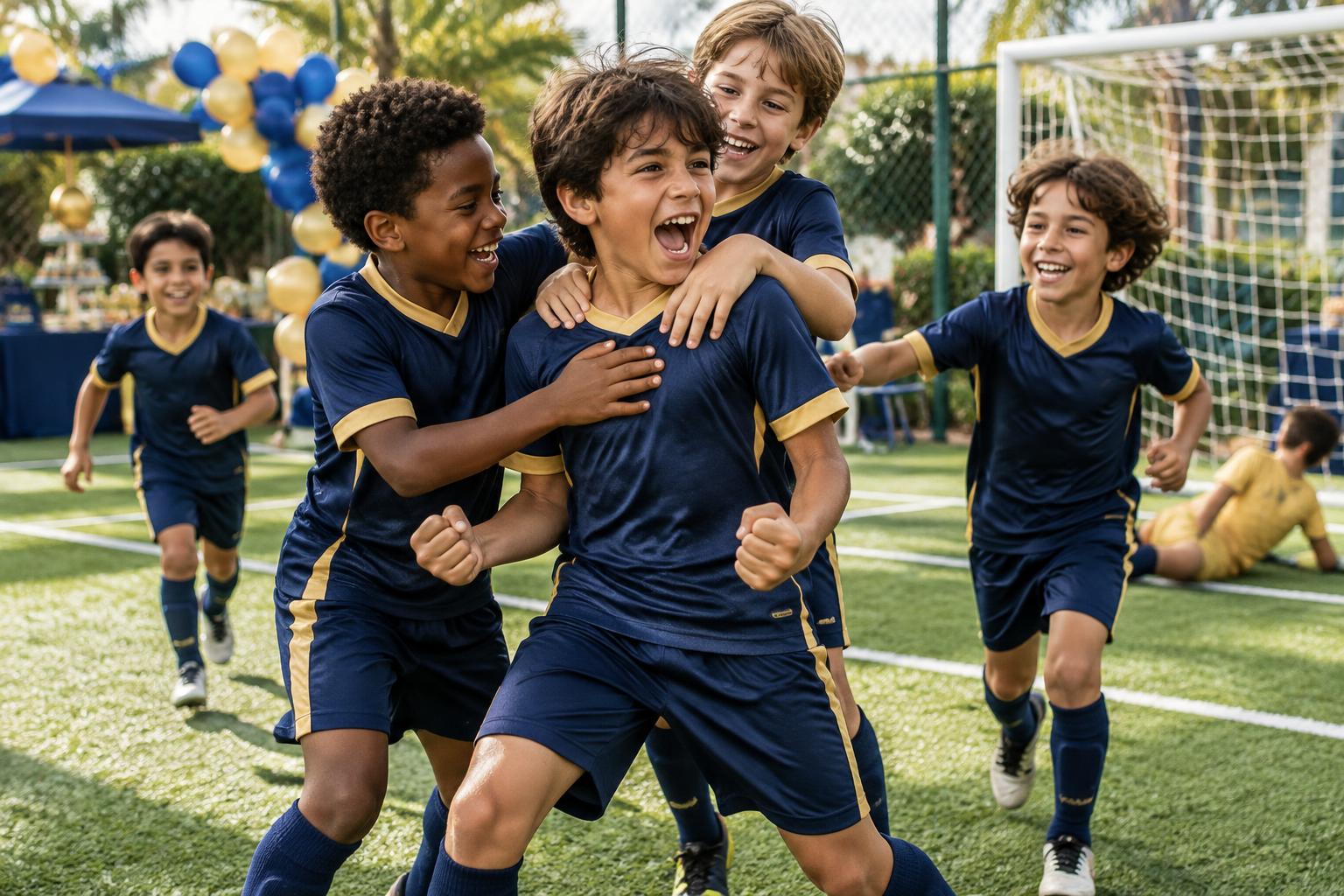 Crianças comemorando durante uma festa de futebol no Parque Futebol