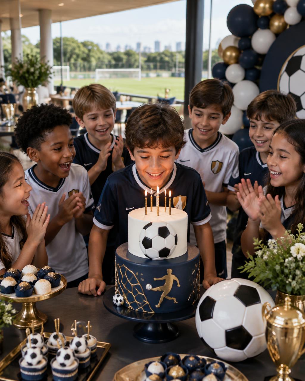 Momento do parabéns em uma festa infantil com tema de futebol